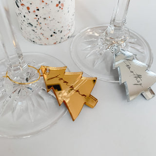 Personalised Christmas Tree shaped wine glass charms, available in gold, silver and rose gold.