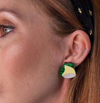 Bright Smoke jewellery - model wearing acrylic lemon earrings
