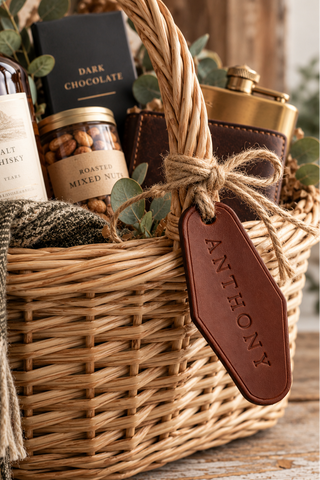 A wicker gift basket filled with curated items including a bottle of single malt Scotch whisky, a jar of roasted mixed nuts, a box of dark chocolate, a flask, a leather tag engraved with the name Anthony, and a knit throw blanket, arranged on a rustic wooden surface.