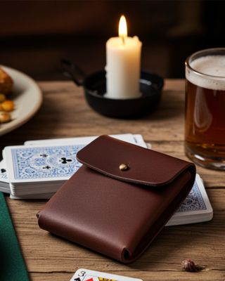 Handmade leather brown deck of cards holder on a pile of playing cards with a lit candle in the background.