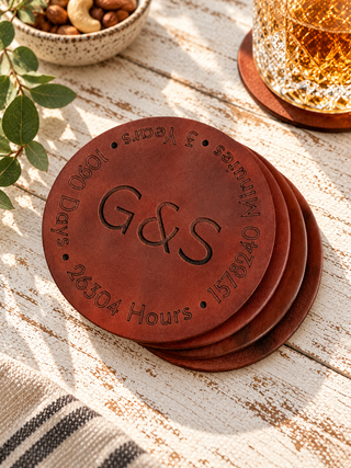 Third Anniversary Leather Coaster with Personalised Initials.