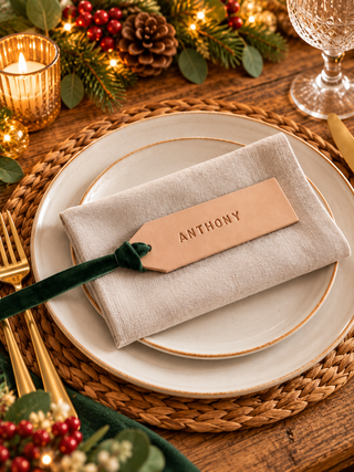 Hand Stamped Personalised Christmas Leather Label Place Setting