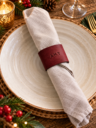 Luxury Christmas Personalised Hand Stamped Leather Napkin Rings