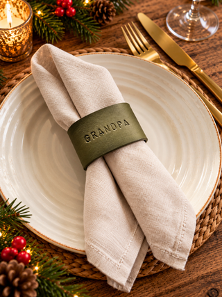 Luxury Christmas Personalised Hand Stamped Leather Napkin Rings