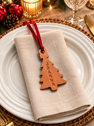 A personalized Christmas ornament shaped like a pine tree, engraved with the name 'JOANA' and hanging from a red ribbon, displayed on a beige linen napkin over a white plate in a festive tabletop setting.