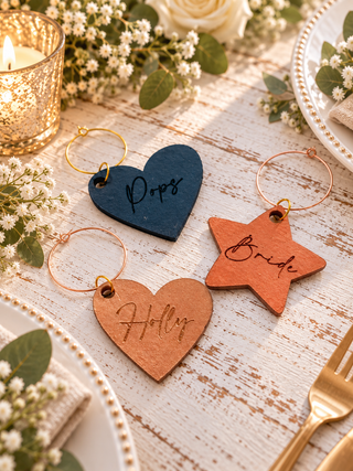 Three personalized wooden place settings on a rustic white table: a dark blue heart tag reading 'Pops', a terracotta star tag reading 'Bride', and a terracotta heart tag reading 'Holly', each attached to a thin metal ring and styled with flowers, plates, a candle, and gold-toned cutlery.