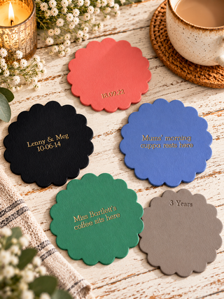 Personalised Scalloped Painted Leather Coasters