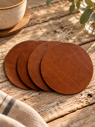 Blank Dark Tan Leather Circle Coasters