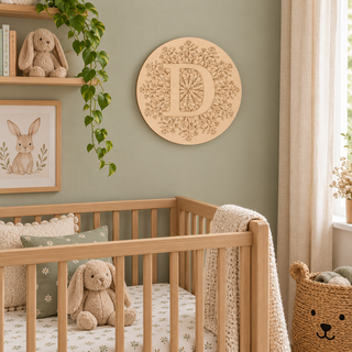 A styled nursery scene with a wooden crib, bunny plush toy, framed bunny artwork, hanging greenery, and a round carved wooden letter D wall decor on a sage green wall.