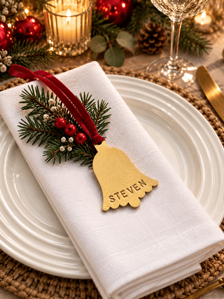 A festive Christmas table setting featuring a white linen napkin on a white plate, decorated with a gold bell-shaped tag engraved with the name 'STEVEN', a red velvet ribbon, and a pine sprig with red berries.