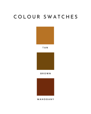 Colour swatches labeled 'Tan', 'Brown', and 'Mahogany' on a white background.
