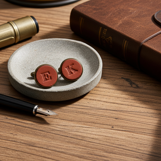 Tan leather cufflinks on a stone dish with a pen and book in the background on a wooden surface