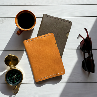 Two leather passport wallets, in yellow and olive green, a compass, sunglasses, and a cup of coffee on a wooden surface.