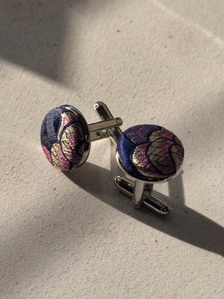Rich Blue Japanese Kimono Silk Covered Cufflinks