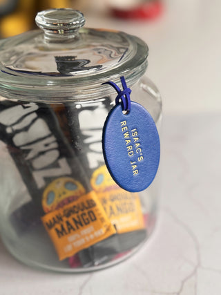 Personalised Oval Leather Reward Jar Label For Kids.