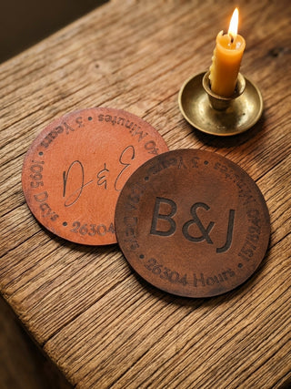 Block font Third Anniversary Leather Coaster with Personalised Initials