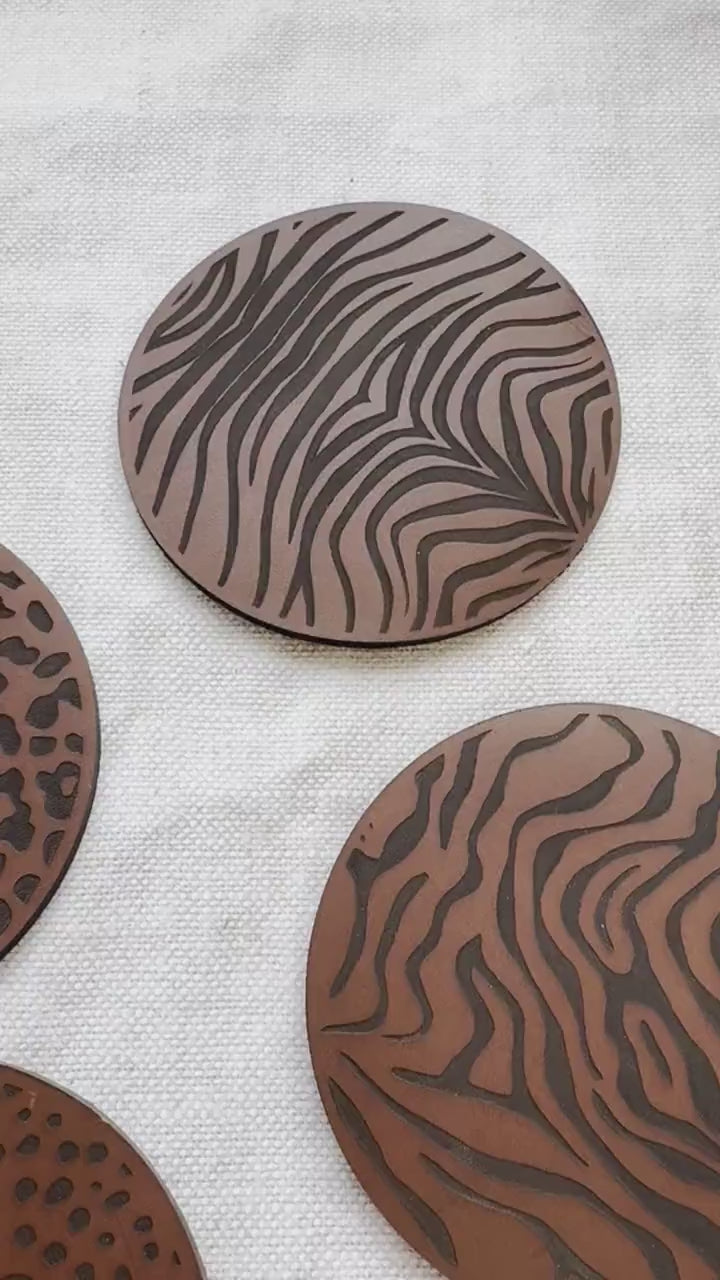 One Tan Animal Print Leather Coasters, Leather Anniversary gift.