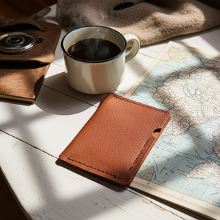 Tan leather passport wallet, steaming cup of coffee, and world map on a wooden surface