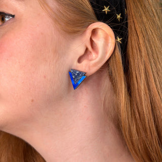 Glittery blue triangle art deco style earring.