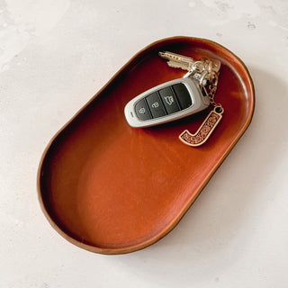 Pill shape cognac leather tray