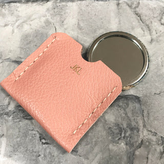 Leather pocket mirror case, pink, mint or grey.