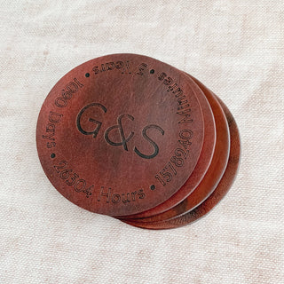 Third Anniversary Leather Coaster with Personalised Initials in a script font
