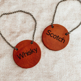Engraved Leather bottle tag, bottle necklace for whisky
