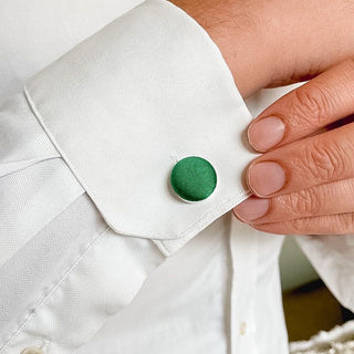 Green Pure Silk Covered Cufflinks, perfect for weddings, gorgeous groomsmen gifts.