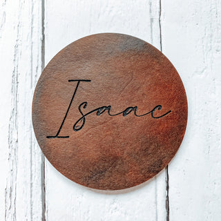 Personalised engraved leather coaster - wedding favour, dinner party place setting.