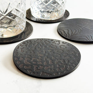One Black Animal Print Leather Coasters, Leather Anniversary gift.