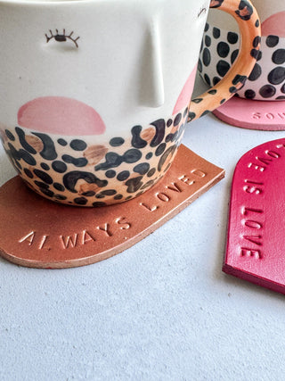 Personalised Leather Love Friendship Heart Coaster, perfect mother's day gift.
