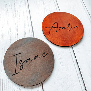 Laser engraved Leather Coaster by Parkin & Lewis all made to order. Name settings, place settings, wedding favours.