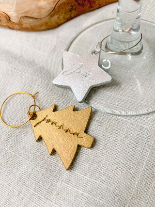 Gold leather Christmas tree and silver star wine glass charm