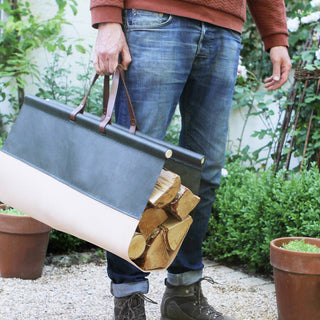 Handmade leather log carrier. Handstitched using the finest leathers. Luxury Christmas gift.