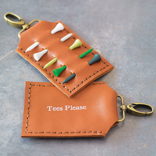 Tan leather golf tee holder with personalisation