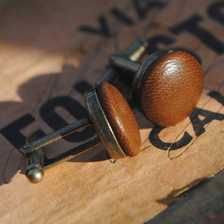 Bitter brown chocolate leather cufflinks with a vintage gold back - the perfect gift for any man