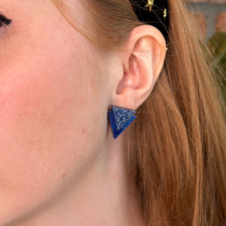 glitter blue triangle stud earring, art deco inspired.